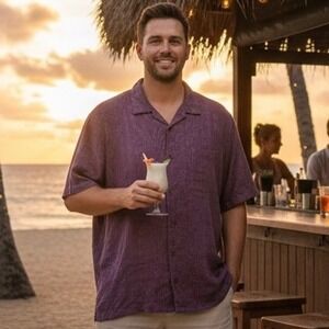 Tommy Bahama Men 100% Silk Short Sleeve Button Down Shirt Purple Floral Print XL